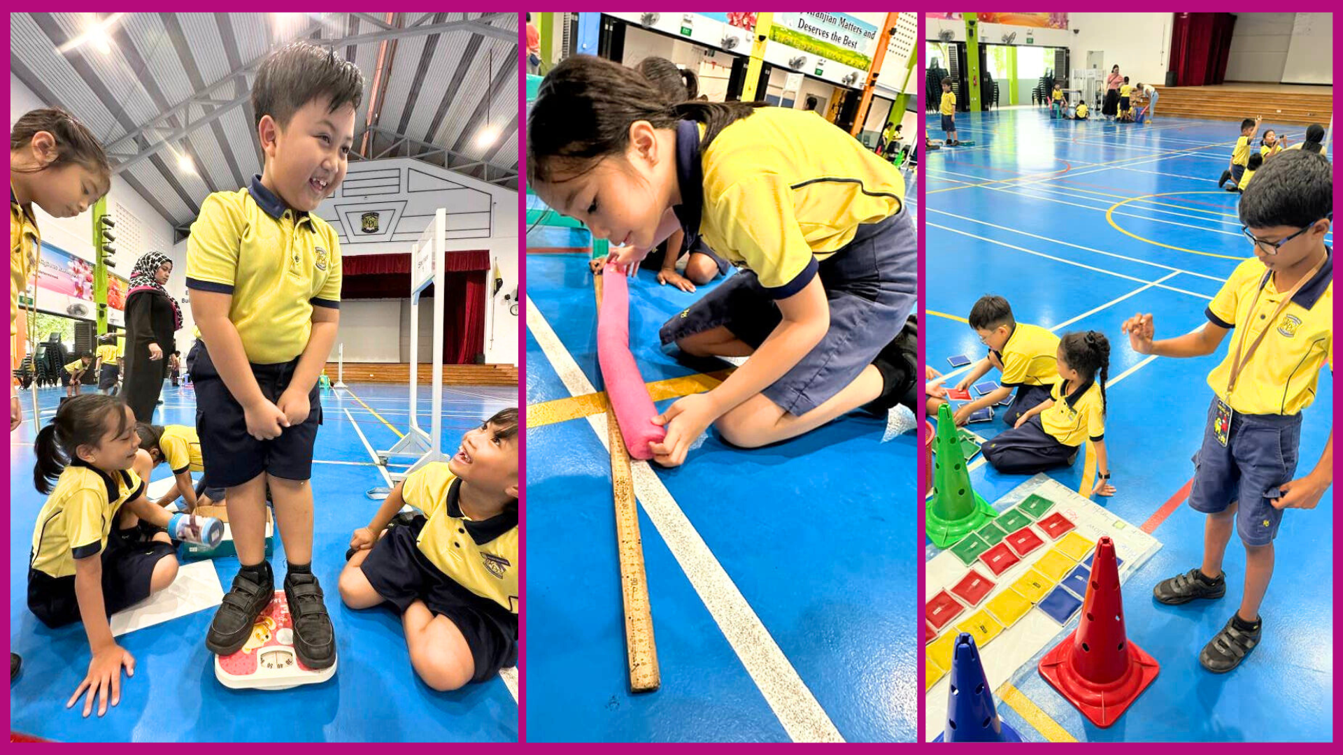 Three photos of young students in yellow uniforms doing hands-on activities on a blue gym floor with rulers and cones.